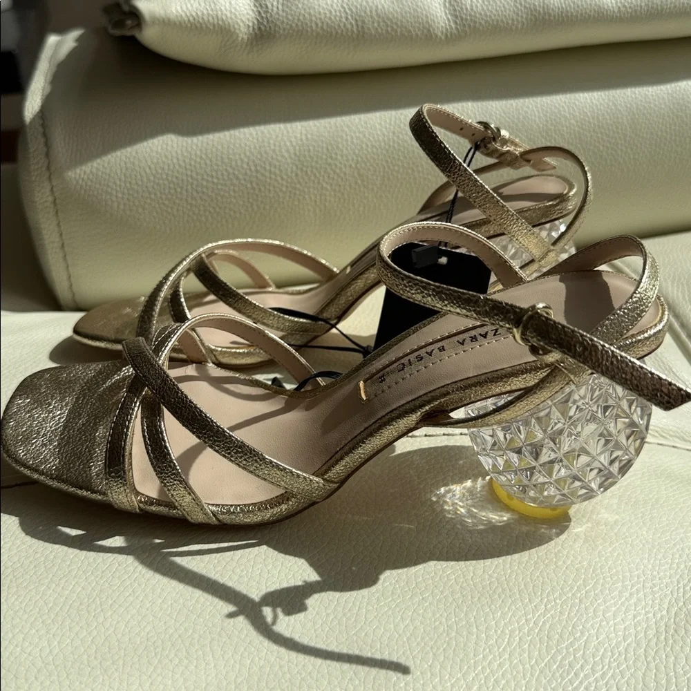 Zara‎ Gold Strappy Heels With Crystal Block